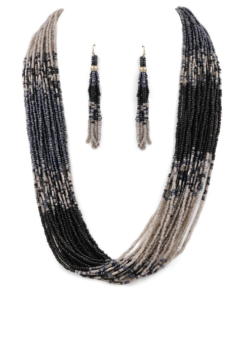 Layered Seed Bead Necklace & Earring Set- Black & Grey