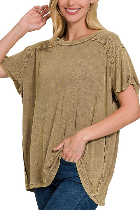 Mineral Washed Ribbed Exposed Seam Short Sleeve Top with Back Patch- Mocha