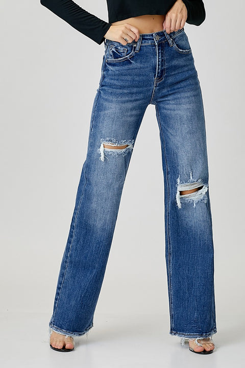 Risen High Rise Wide Leg Distressed Jeans- Dark Wash