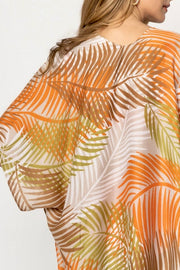 Palm Leaves Open Front Kimono- Coral