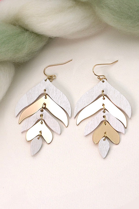 Tropical Wood & Metal Mix Leaf Dangle Earrings- White