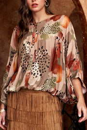 Abstract Geo Animal Print Blouse- Taupe