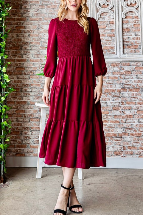 Smocked Tiered Long Sleeve Midi Dress- Burgundy