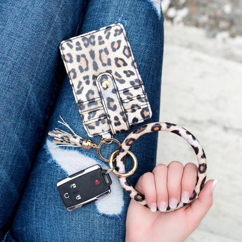 Combo Key Ring Bangle Credit Card Wallet- Leopard