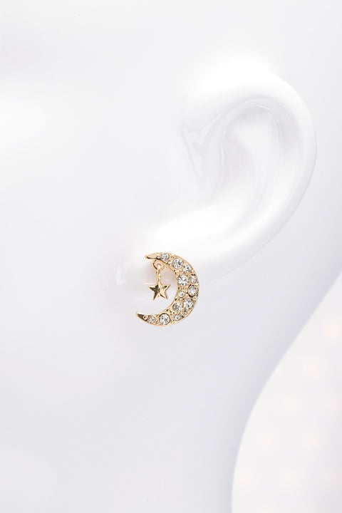 Pave Rhinestone Moon & Hanging Star Stud Earrings- Gold