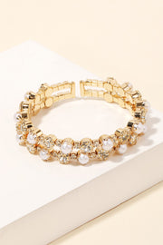 Pearl & Rhinestone Studded Cuff Bracelet- Gold