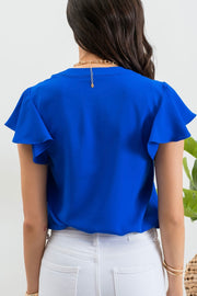 Solid Flutter Sleeve Woven Top- Royal Blue