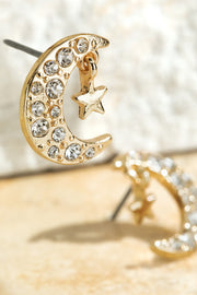 Pave Rhinestone Moon & Hanging Star Stud Earrings- Gold