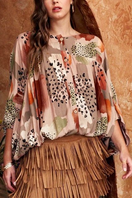 Abstract Geo Animal Print Blouse- Taupe