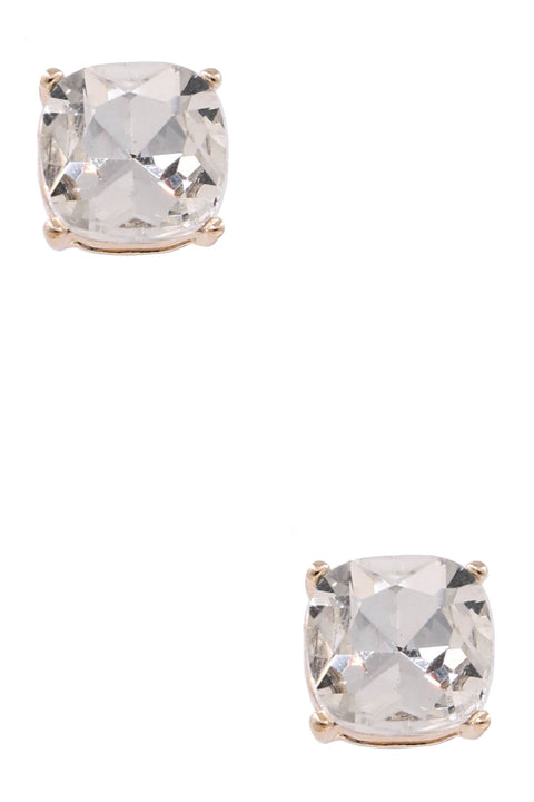 Faceted Glass Square Jewel Statement Stud Earrings- Clear