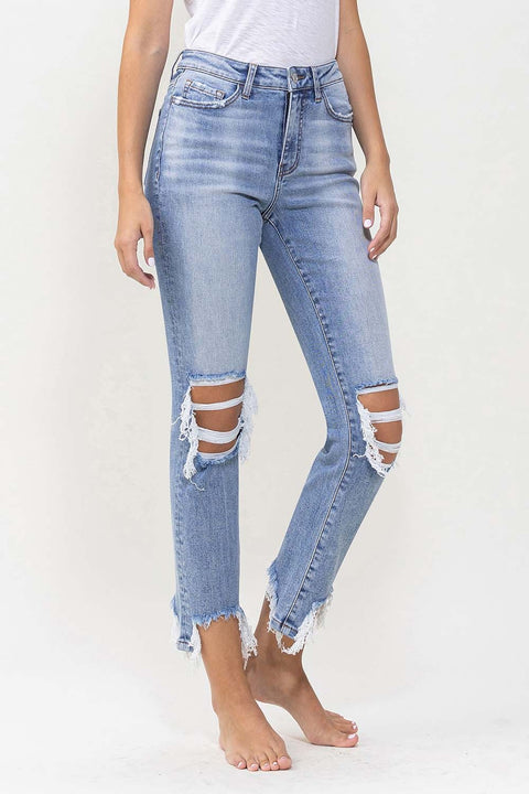 Lovervet High Rise Kick Flare Distressed Jeans- Light Denim Wash