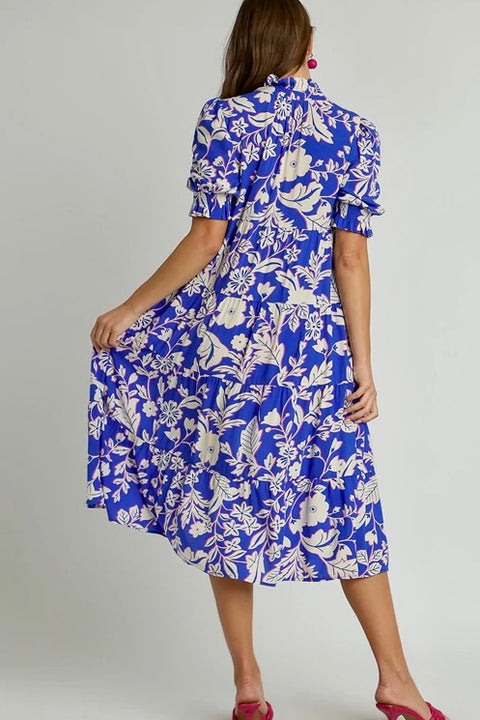 Floral Pattern Maxi Dress with Short Balloon Sleeves- Blue