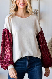 Holiday Sequin Balloon Sleeve Top- Cream/Red