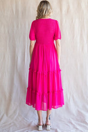 Smocked Tiered Puff Sleeve Midi Dress- Hot Pink