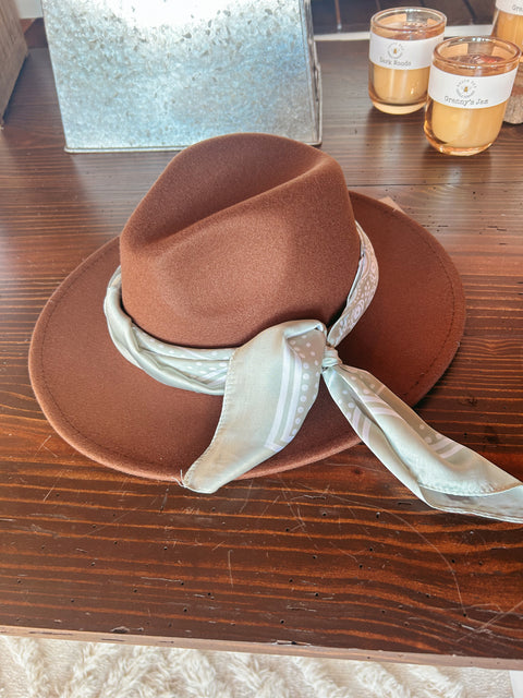 Brown Wide Brim Hat with Scarf