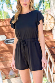 Solid Black Shorts Romper with Ruffled Short Sleeves