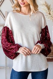 Holiday Sequin Balloon Sleeve Top- Cream/Red