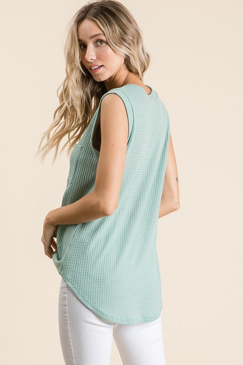 Sleeveless Waffle Knit Tank Top- Sage