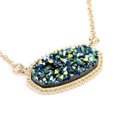 Large Blue Gold Short Druzy Oval Pendant Necklace & Stud Earrings Set