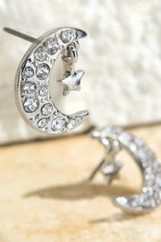 Pave Rhinestone Moon & Hanging Star Stud Earrings- Silver