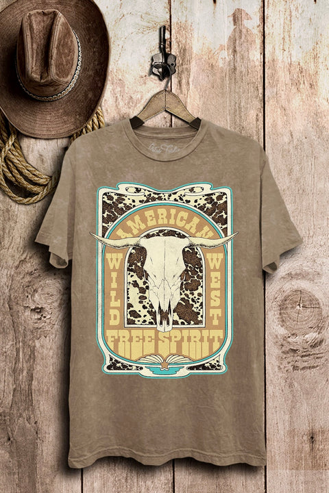 American Wild West Mineral Washed Oversized Vintage Graphic Tee- Mocha