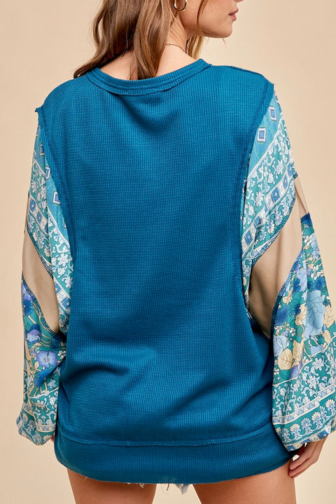 Floral Print Color Block Balloon Sleeve Top- Teal Green