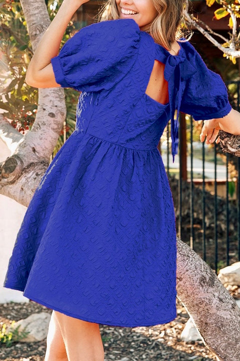 Textured Square Neck Dress with Back Tie- Royal Blue