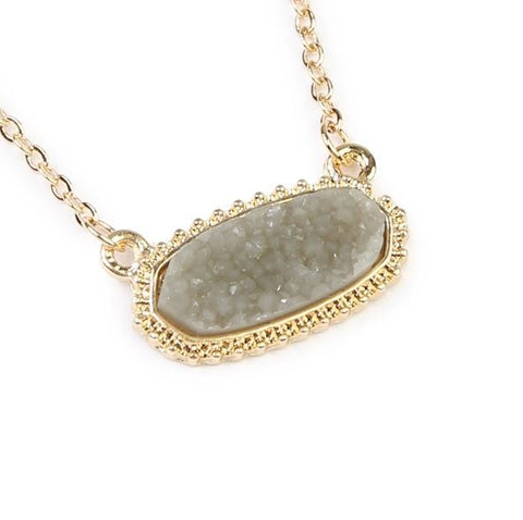 Grey Gold Short Druzy Oval Pendant Necklace & Stud Earrings Set