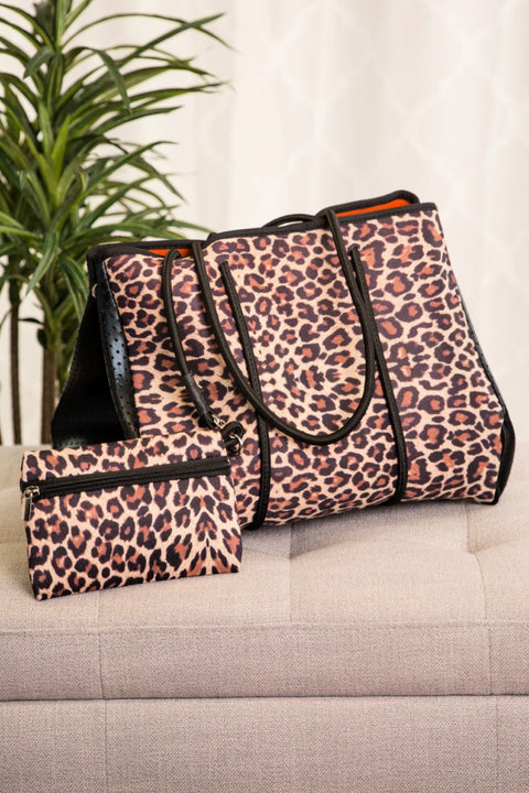 Neoprene Tote Bag with Pouch- Leopard
