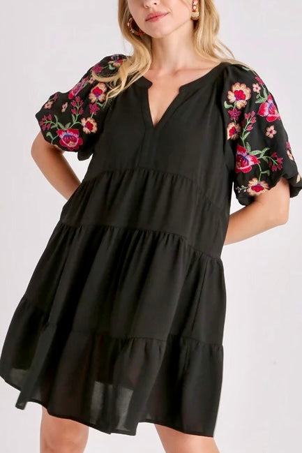 Embroidered Short Sleeve Tiered A-Line Dress- Black