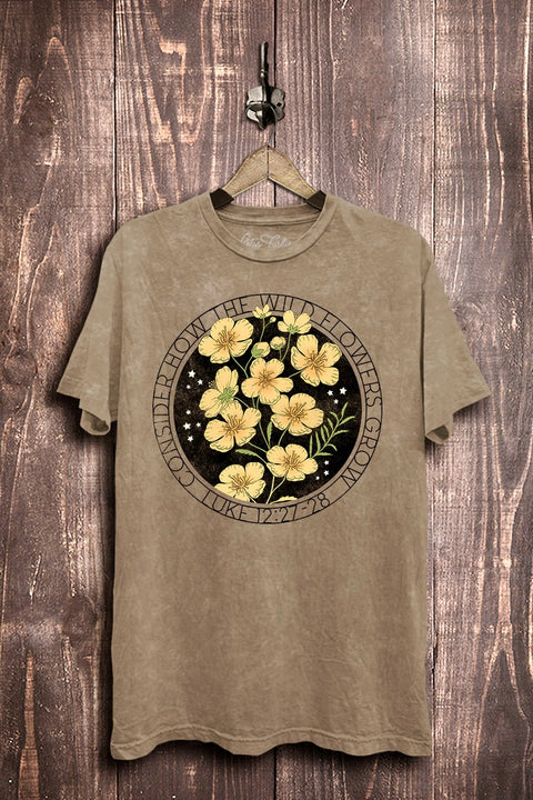 Consider How the Wildflowers Grow Mineral Washed Oversized Vintage Graphic Tee- Mocha