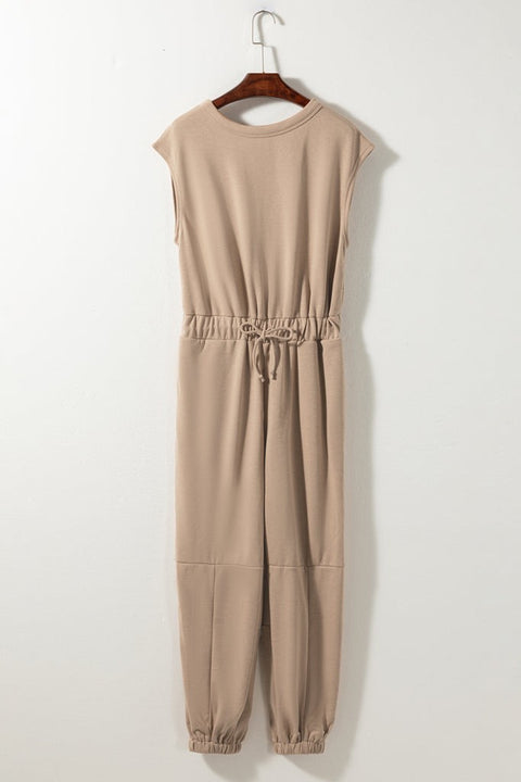 Cap Sleeve Jogger Jumpsuit with Pockets- French Beige