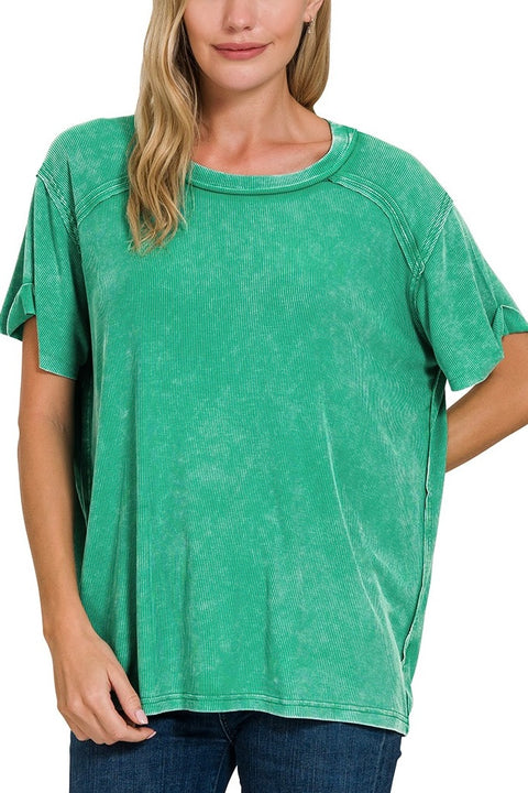 Mineral Washed Ribbed Exposed Seam Short Sleeve Top with Back Patch- Kelly Green