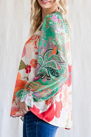 Mixed Floral Print Embroidered Satin & Chiffon Poet Sleeves Top- Green