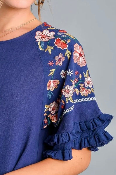 Linen Blend Top with Embroidered Bell Short Sleeves- Navy Blue