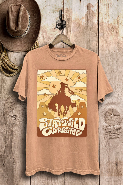 Stay Wild Western Cowgirl Mineral Washed Oversized Vintage Graphic Tee- Coral