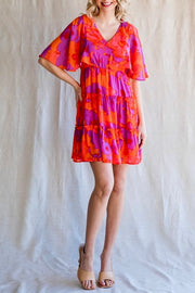 Isabella Floral Print Chiffon Short Bell Sleeve Dress- Burnt Orange