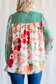 Mixed Floral Print Embroidered Satin & Chiffon Poet Sleeves Top- Green