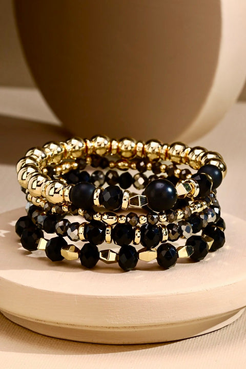 Cancun 4 Layer Glass Beaded Stretch Bracelet Set- Black