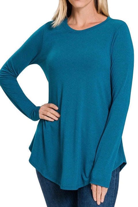 Basic Round Neck Long Sleeve Top- Teal