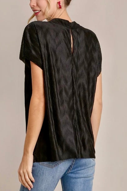 Satin Wave Texture Top with Tie Neck Detail & Short Batwing Sleeves- Black