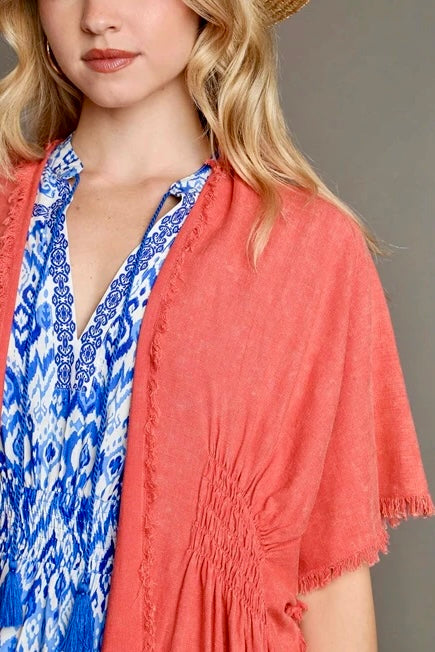 Mineral Washed Open Front Kimono with Smocked Details- Burnt Coral