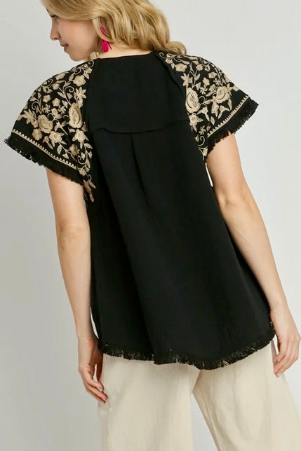 Cotton Gauze Round Neck Top with Embroidered Short Sleeves- Black