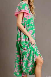 Floral A-Line Tiered Floral Print Midi Dress- Green