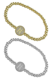 Gold Beaded & Rhinestone Initial Stretch Bracelet