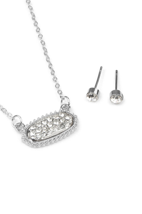 Short Length Druzy Rhinestone Oval Pendant Necklace & Stud Earring Set-  Silver Clear Stone