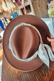 Brown Wide Brim Hat with Scarf