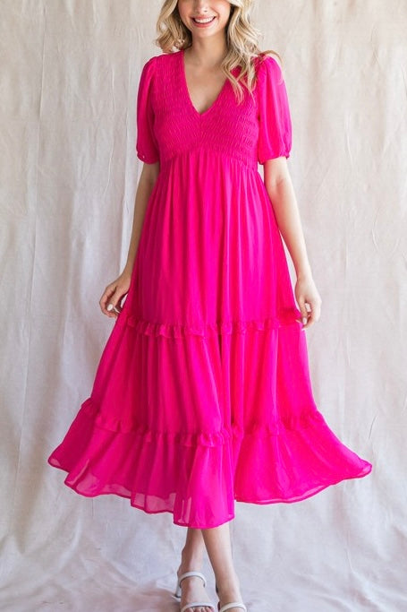 Smocked Tiered Puff Sleeve Midi Dress- Hot Pink
