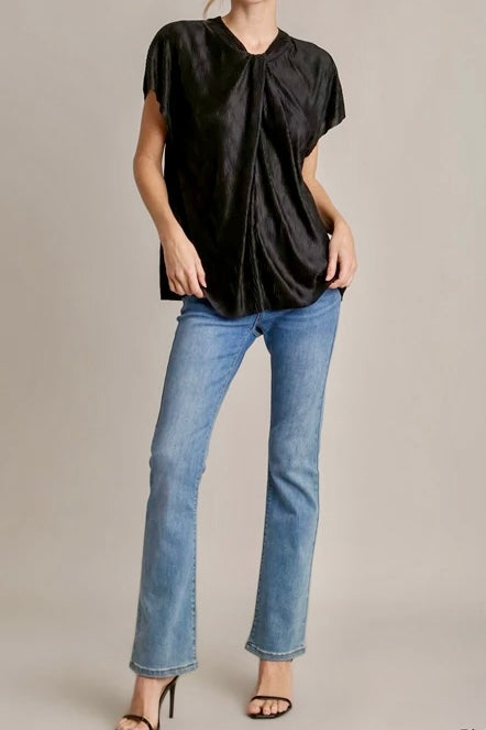 Satin Wave Texture Top with Tie Neck Detail & Short Batwing Sleeves- Black