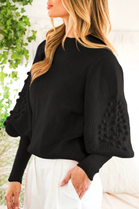 Textured Long Puff Sleeve Sweater Top- Black